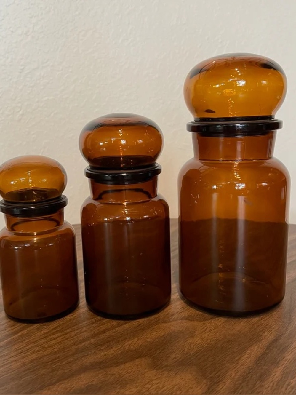 Mid Century Amber Apothecary Jars Set of 3